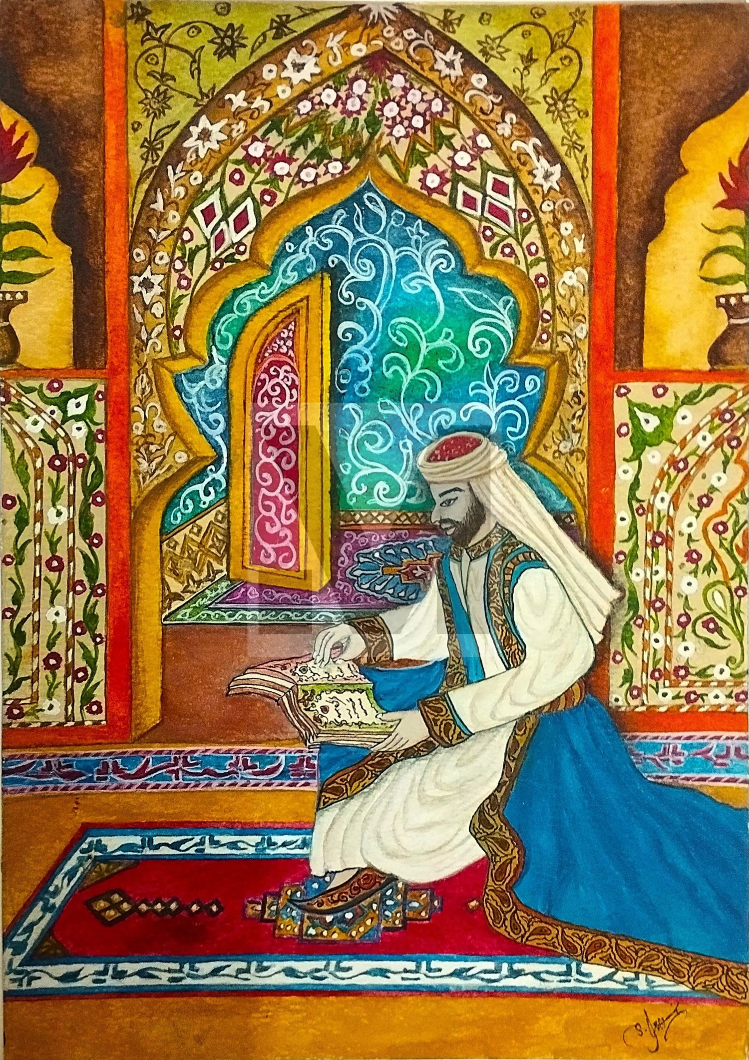 Oriental Arab scholar reading a manuscript inside an ornate Islamic interior with floral patterns and arch design