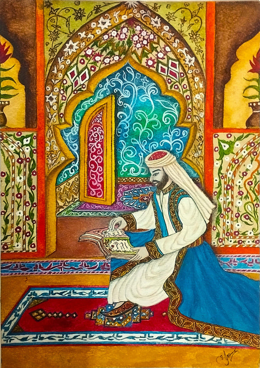 Oriental Arab scholar reading a manuscript inside an ornate Islamic interior with floral patterns and arch design