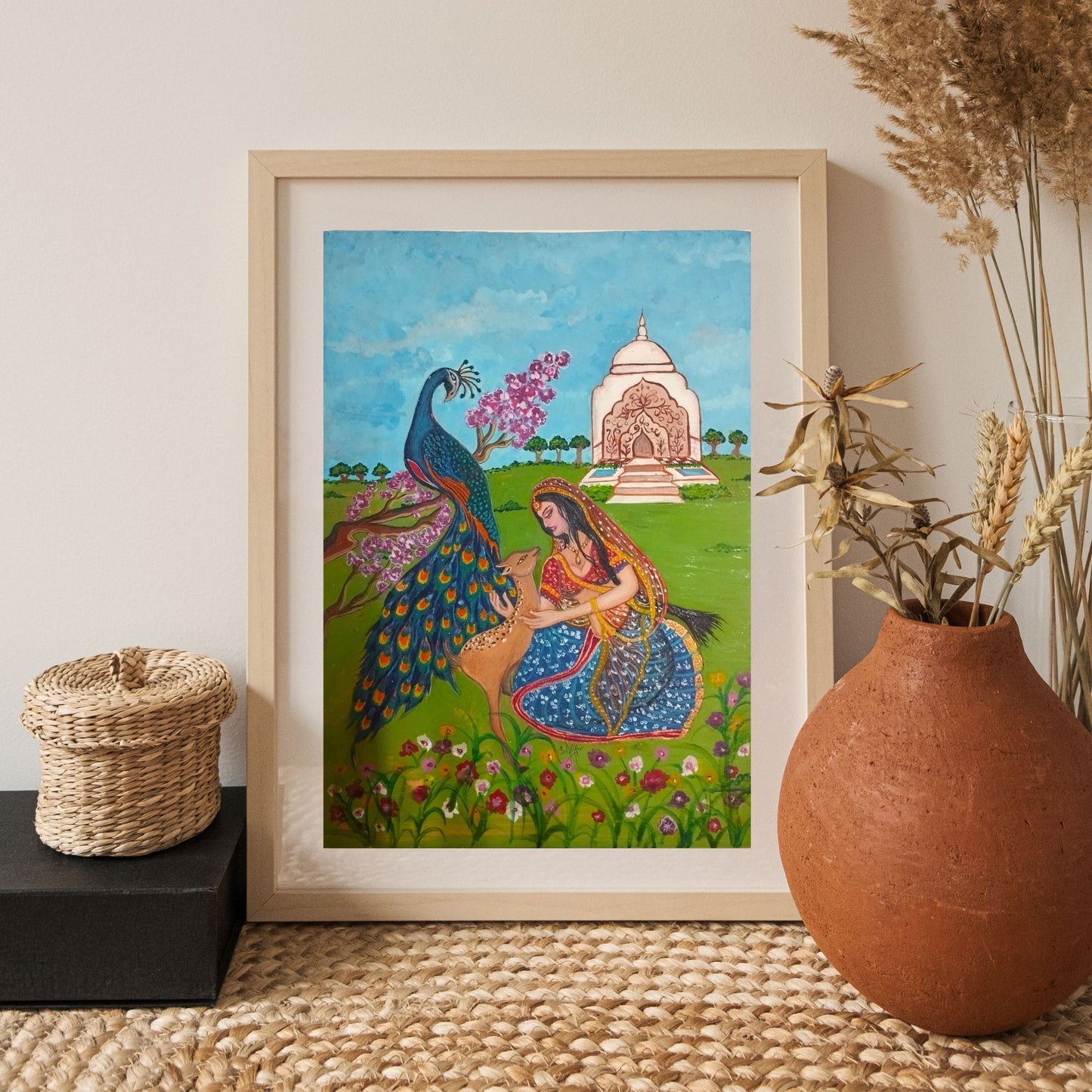 Garden of Serenity: Mughal-Style Original Painting of a Maiden with Peacock and Gazelle