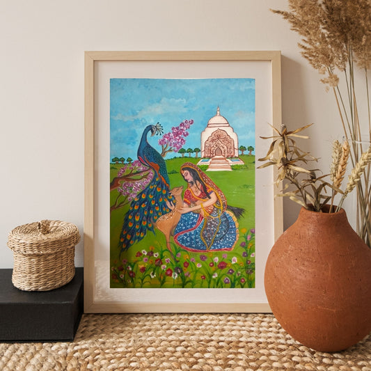 Garden of Serenity: Mughal-Style Original Painting of a Maiden with Peacock and Gazelle