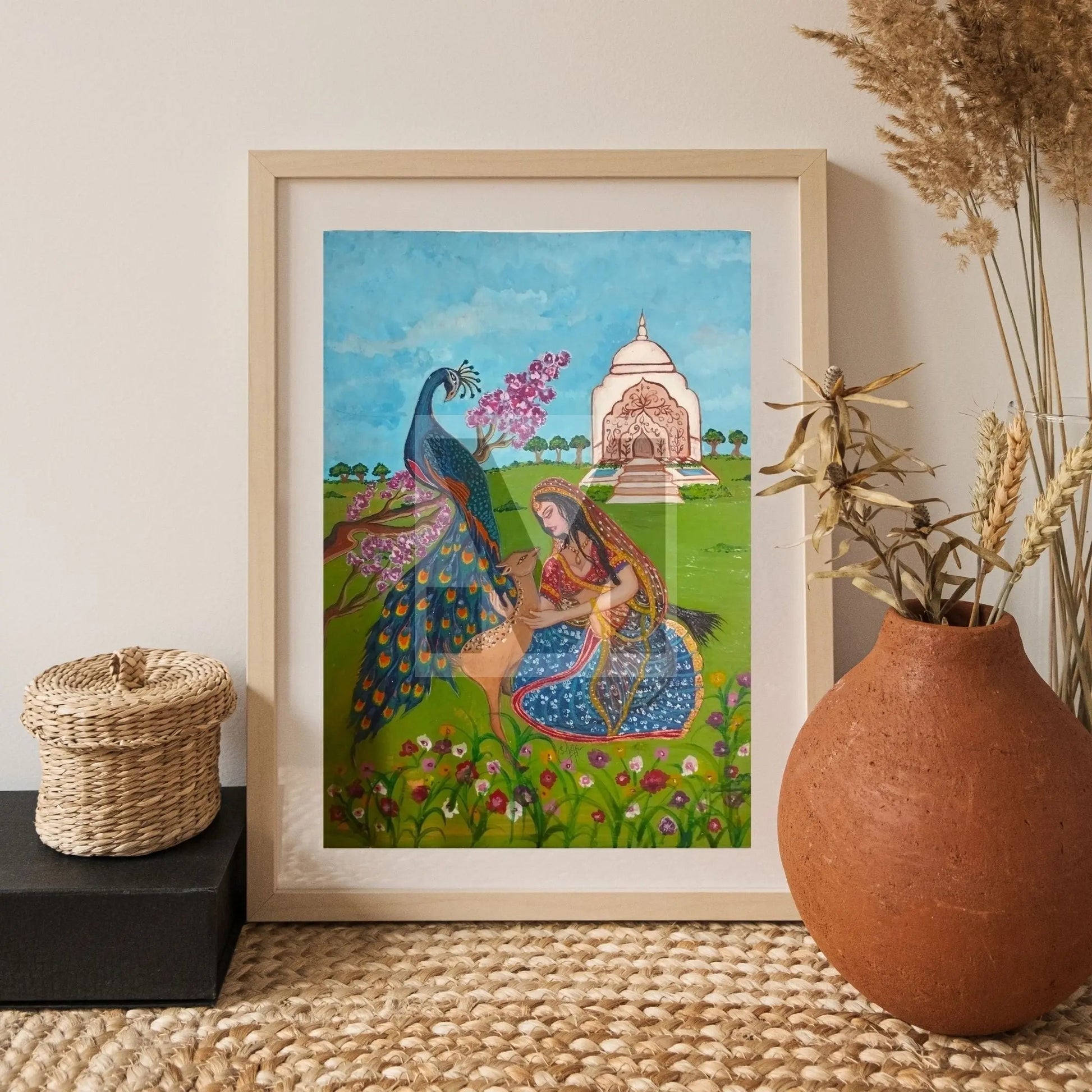 Garden of Serenity: Mughal-Style Original Painting of a Maiden with Peacock and Gazelle S.Ishi