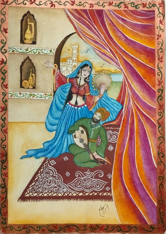 The Sultan’s Serenade: Traditional Middle Eastern Musician & Dancer Original Art