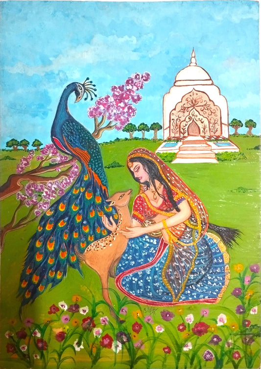 A colorful painting of a woman in a blue and red traditional dress sitting in a green garden. She is petting a small deer (gazelle) while a large, vibrant peacock stands beside her. In the background, there is a white domed building and pink flowering trees under a blue sky.