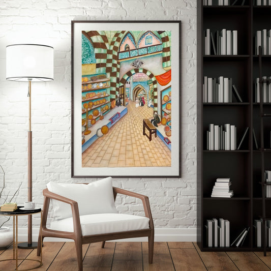 A colorful hand-drawn painting of a bustling historical Middle Eastern marketplace bazaar featuring merchants, traditional brass plates on shelves, and large stone arches with green and brown striped masonry and blue floral patterns.