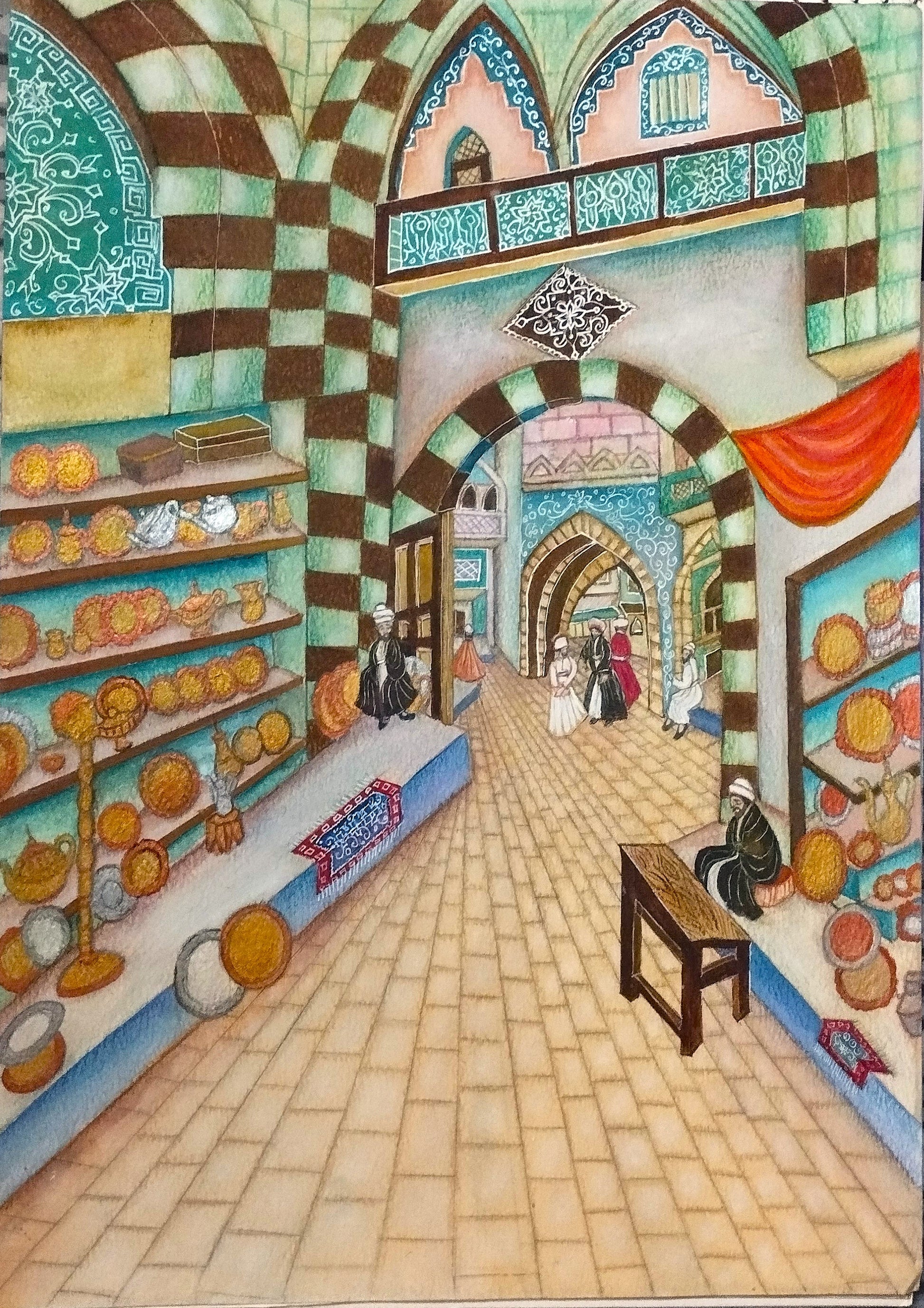 A colorful hand-drawn painting of a bustling historical Middle Eastern marketplace bazaar featuring merchants, traditional brass plates on shelves, and large stone arches with green and brown striped masonry and blue floral patterns.