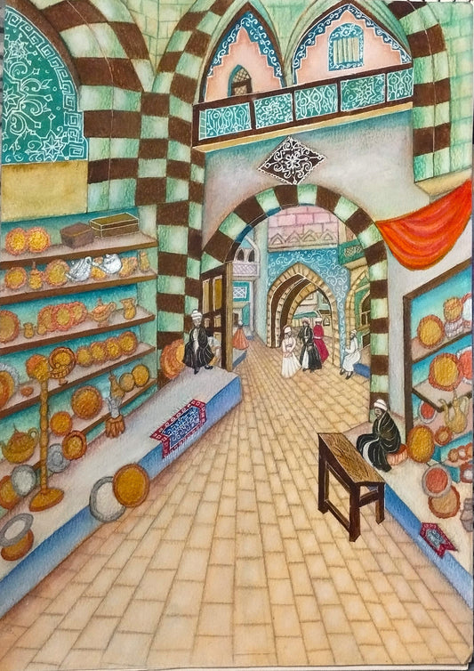 A colorful hand-drawn painting of a bustling historical Middle Eastern marketplace bazaar featuring merchants, traditional brass plates on shelves, and large stone arches with green and brown striped masonry and blue floral patterns.